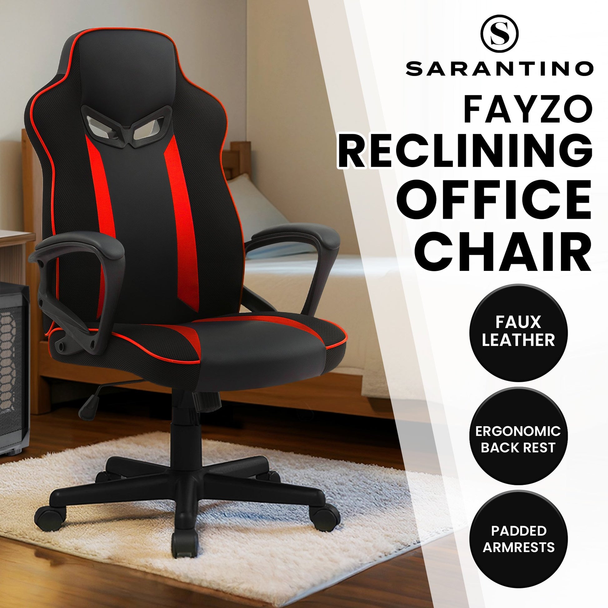 Sarantino Fayzo Racing Reclining Office Gaming Chair Black And Red Adjustable Computer Desk Seat With Adjustable Height, Breathable Mesh Back, Padded Armrests - Image 2