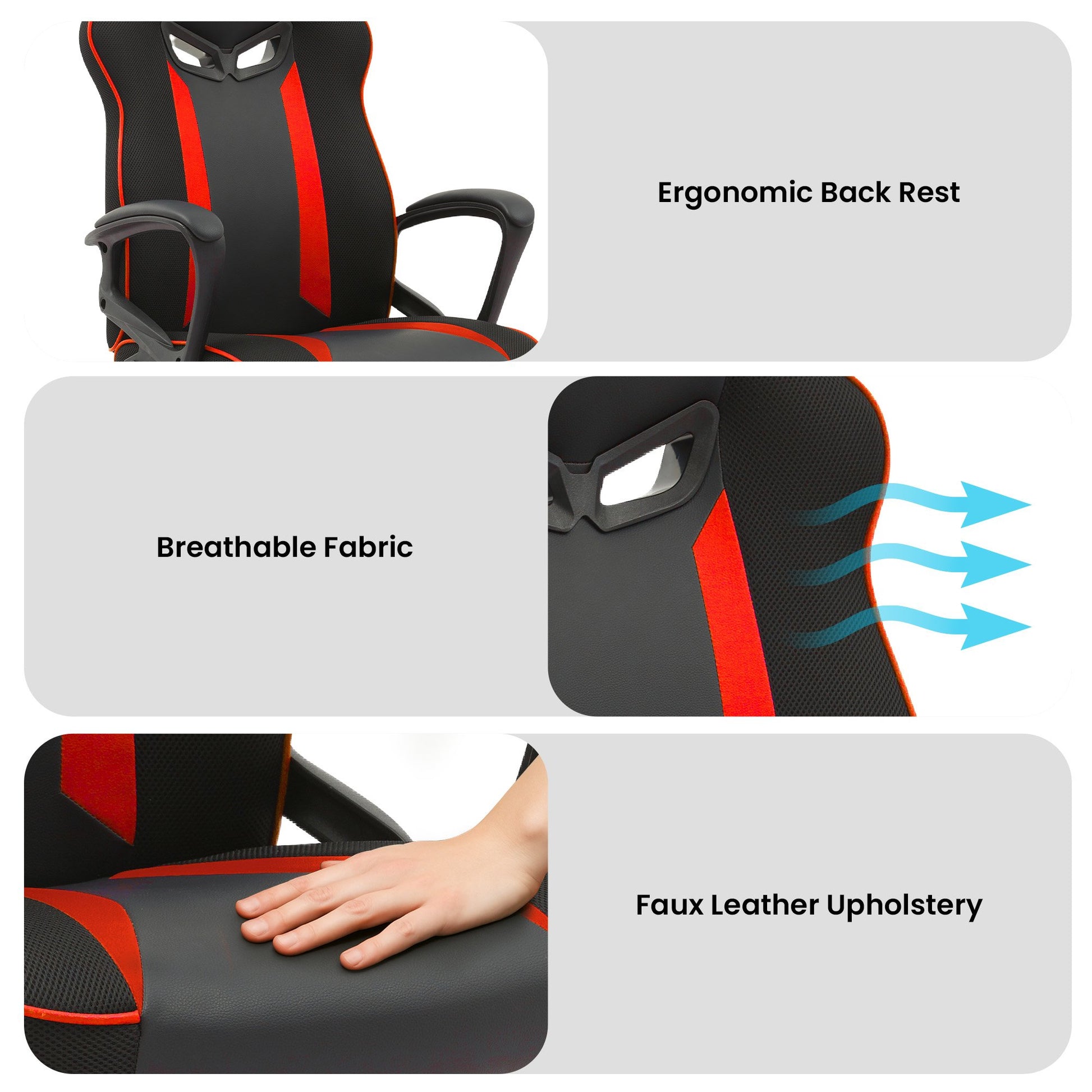 Sarantino Fayzo Racing Reclining Office Gaming Chair Black And Red Adjustable Computer Desk Seat With Adjustable Height, Breathable Mesh Back, Padded Armrests - Image 7