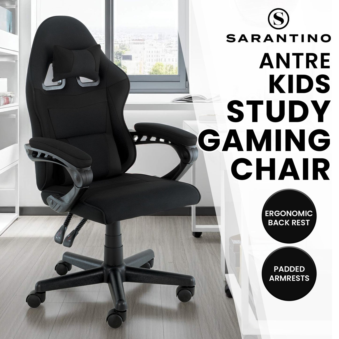 Sarantino Antre Kids Study Gaming Chair Black Adjustable Computer Desk Seat Racing Inspired-look With Adjustable Height, Ergonomic Back Support, Padded Armrests - Image 2