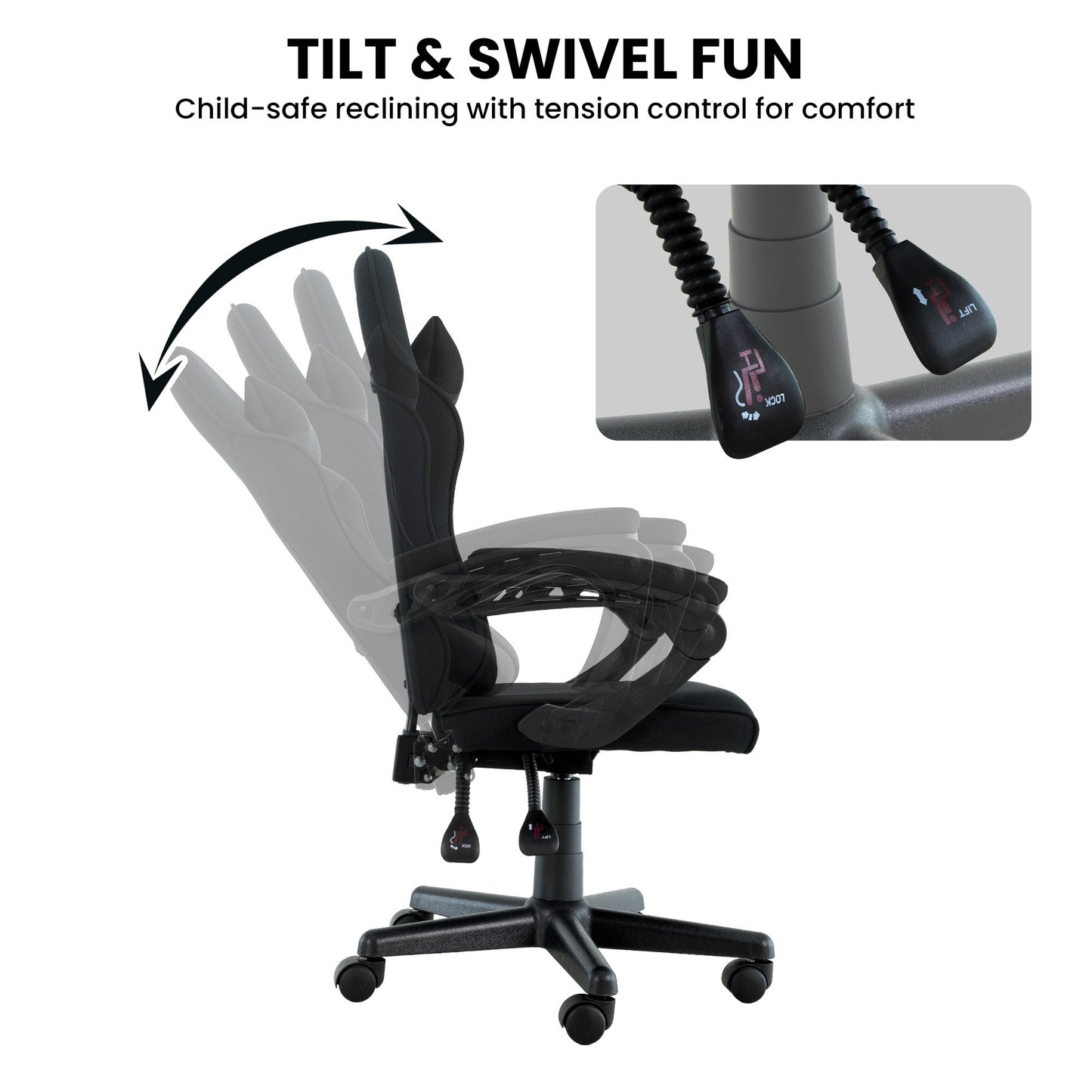Sarantino Antre Kids Study Gaming Chair Black Adjustable Computer Desk Seat Racing Inspired-look With Adjustable Height, Ergonomic Back Support, Padded Armrests - Image 7