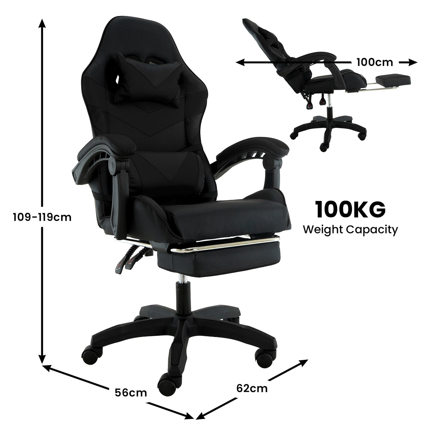 Sarantino Cueva Reclining High Back Office Gaming Chair Black Retractable Footrest Computer Seat - Image 4