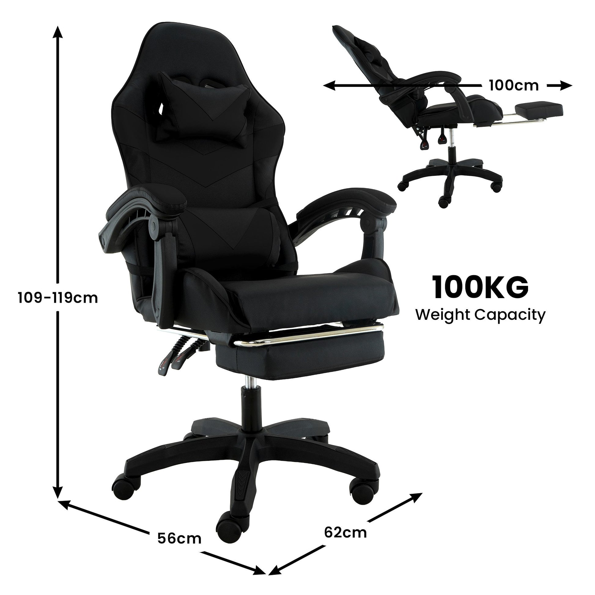 Sarantino Cueva Reclining High Back Office Gaming Chair Black Retractable Footrest Computer Seat - Image 4