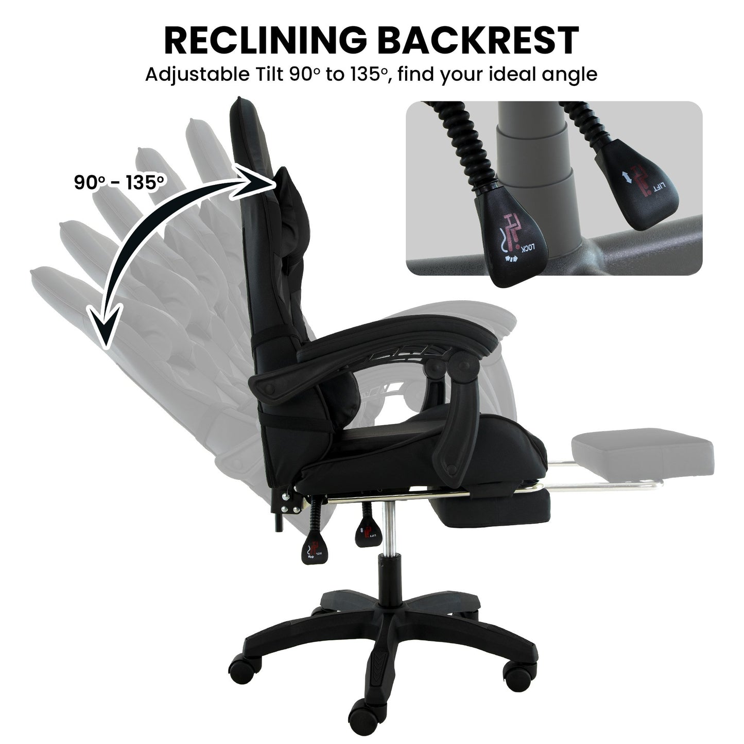 Sarantino Cueva Reclining High Back Office Gaming Chair Black Retractable Footrest Computer Seat - Image 7