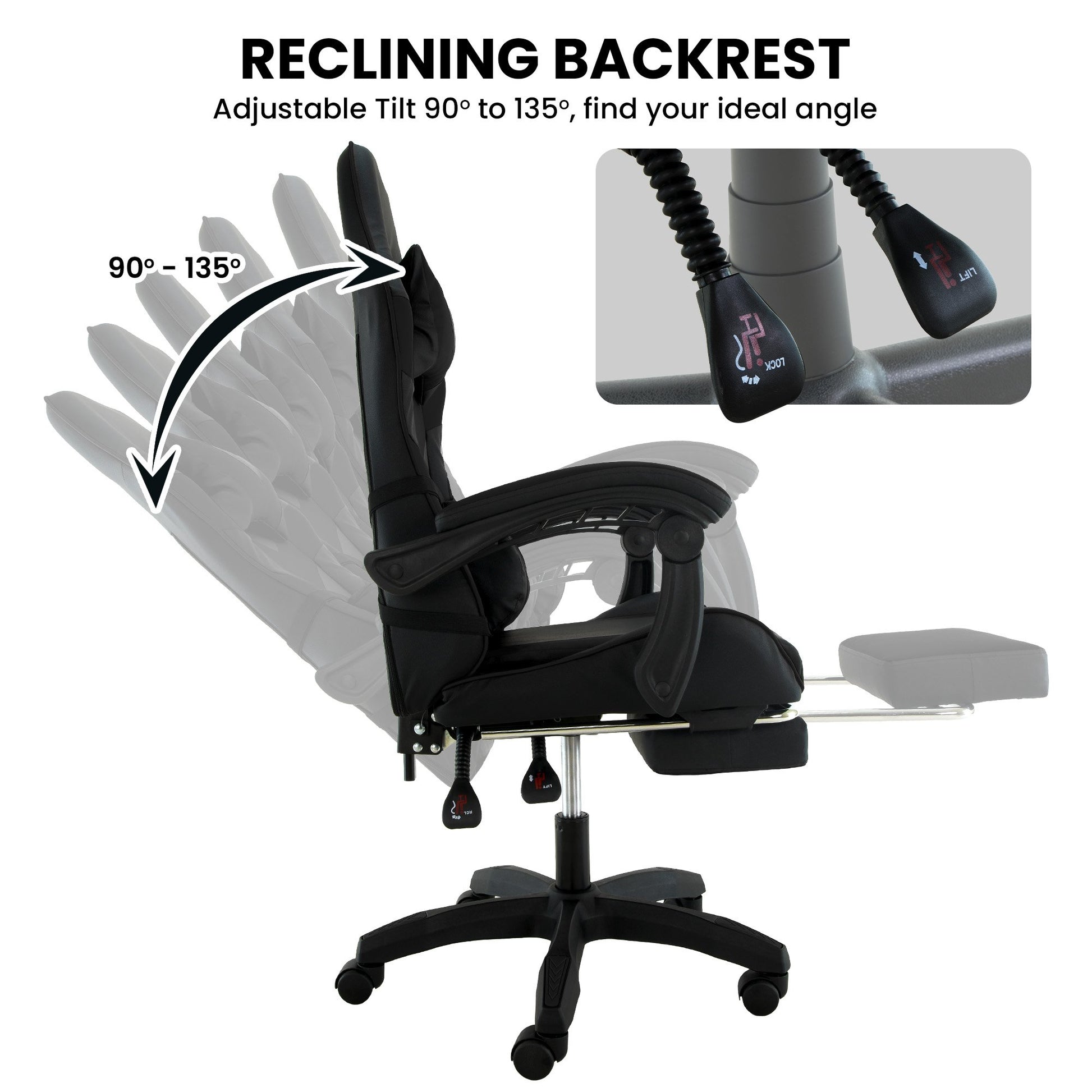 Sarantino Cueva Reclining High Back Office Gaming Chair Black Retractable Footrest Computer Seat - Image 7
