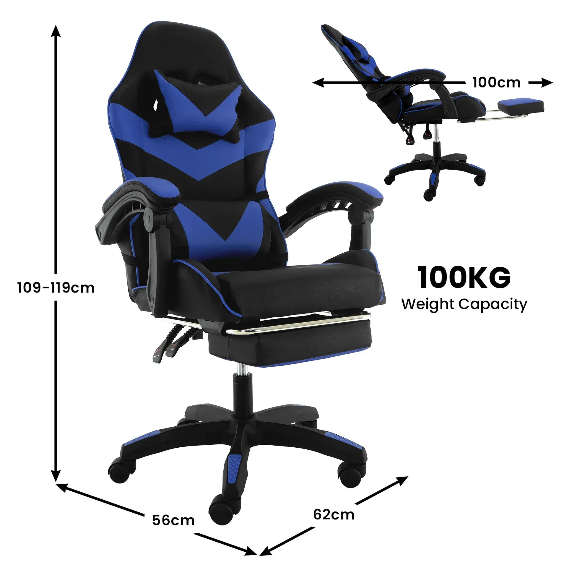 Sarantino Cueva Reclining High Back Office Gaming Chair Seat Retractable Footrest Office Computer Black & Blue - Image 4