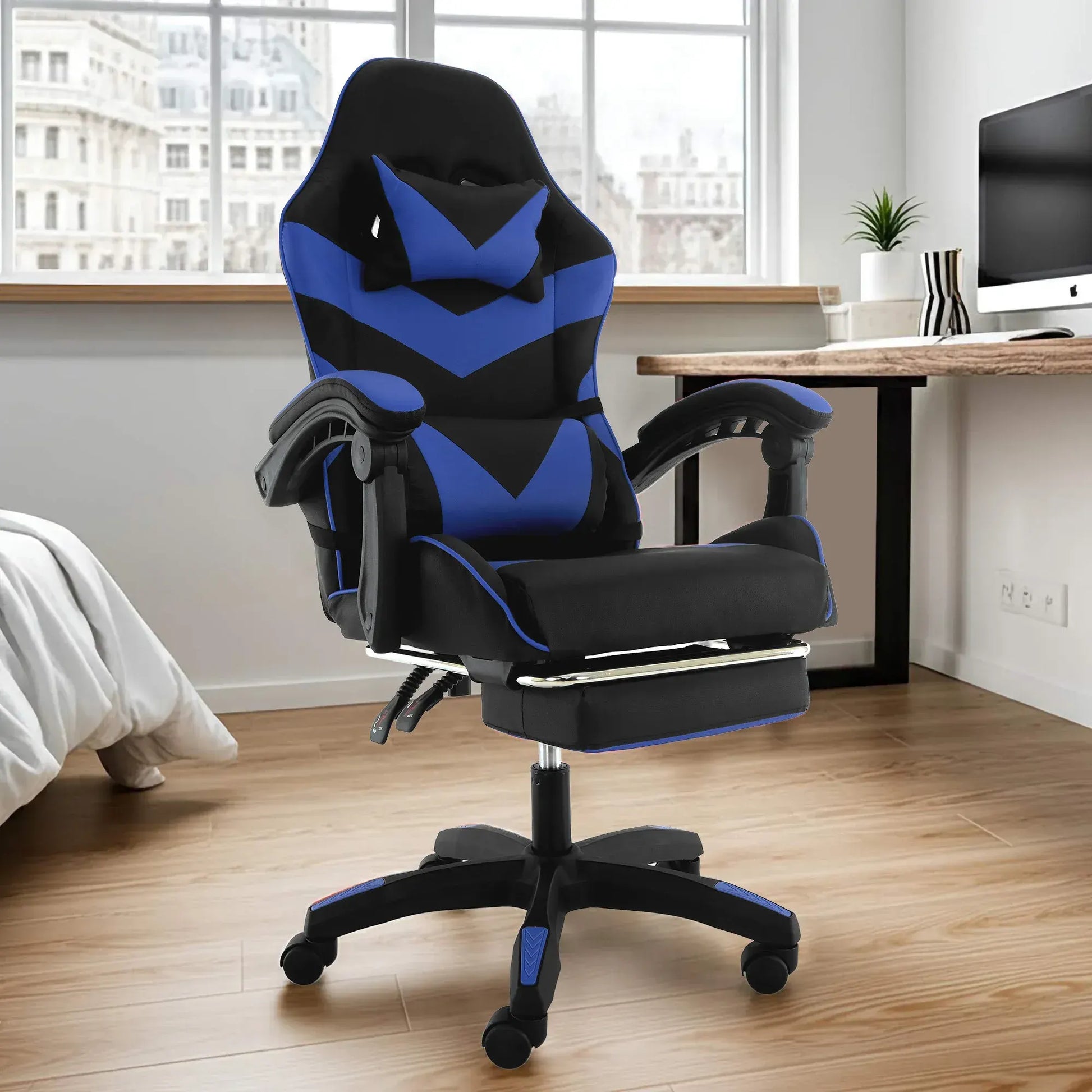 Sarantino Cueva Reclining High Back Office Gaming Chair Seat Retractable Footrest Office Computer Black & Blue - Image 9
