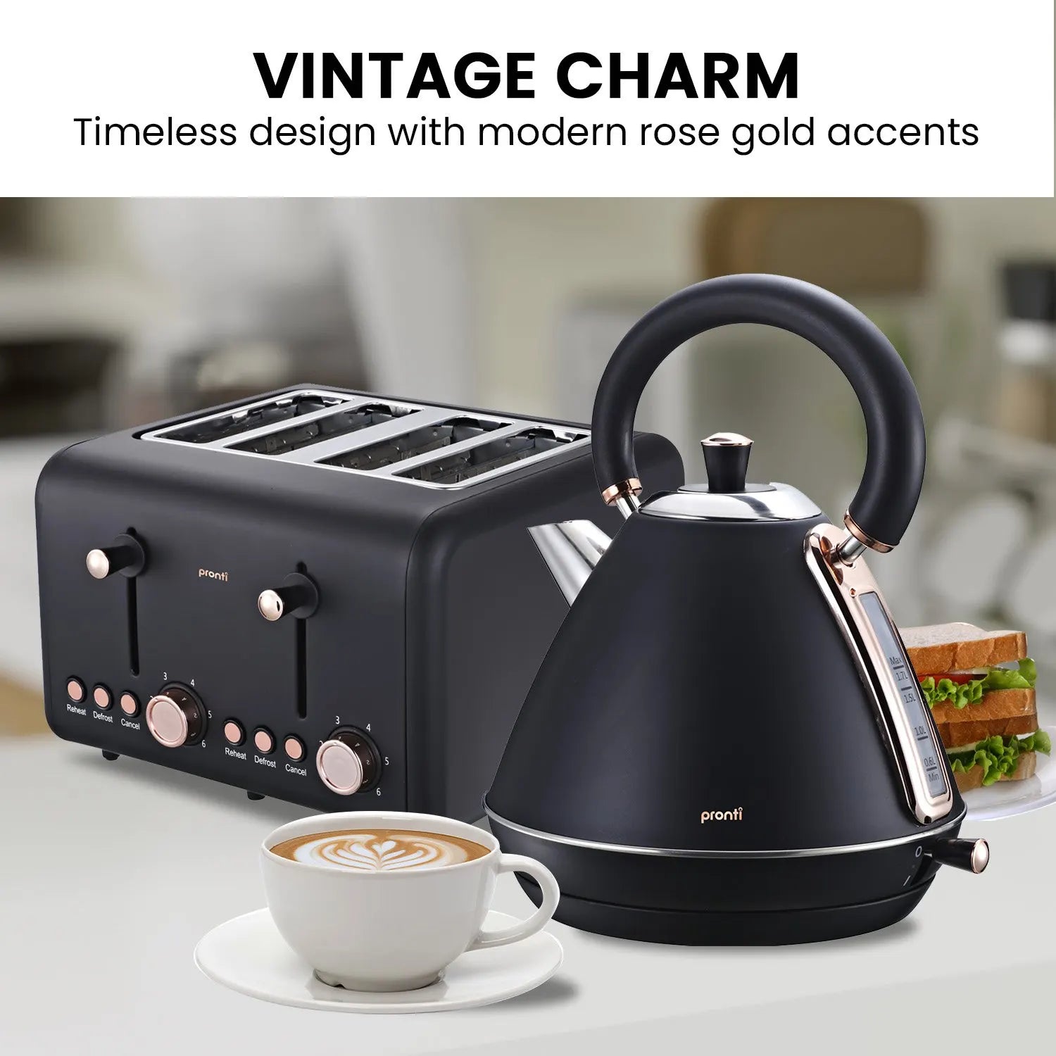 Pronti Toaster, Kettle & Coffee Machine Breakfast Set - Black - Image 5