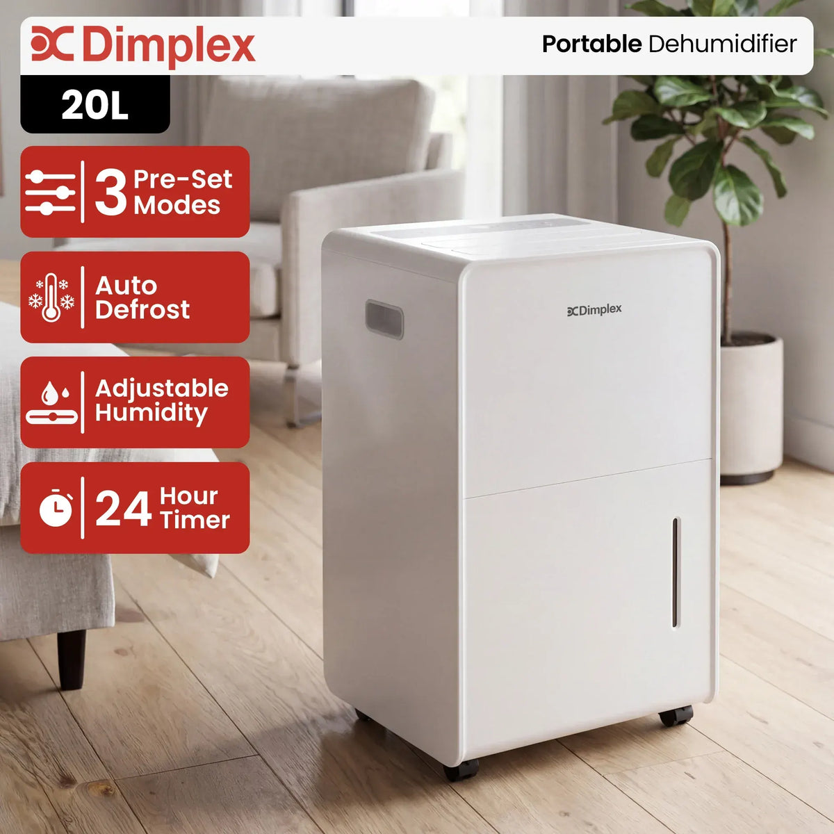 Dimplex 20L Portable Dehumidifier w/ Preset Modes Fan Speeds 4L Water Tank Timer - Image 2