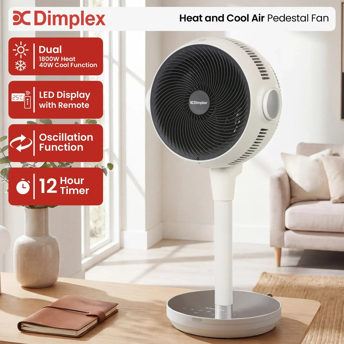 Dimplex Heat and Cool Air Circulator Pedestal Fan with LED Display and Timer - Image 2