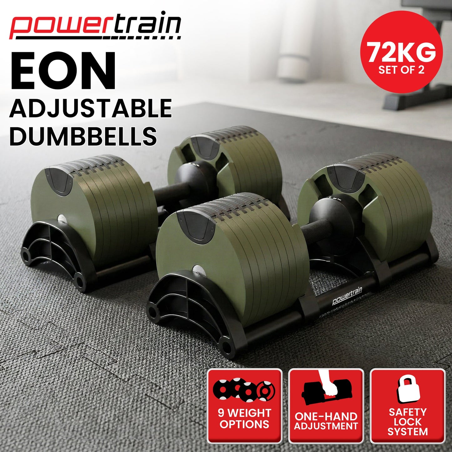 Powertrain Eon Dial-Up 72KG Adjustable Dumbbells Pair - Green - Image 2