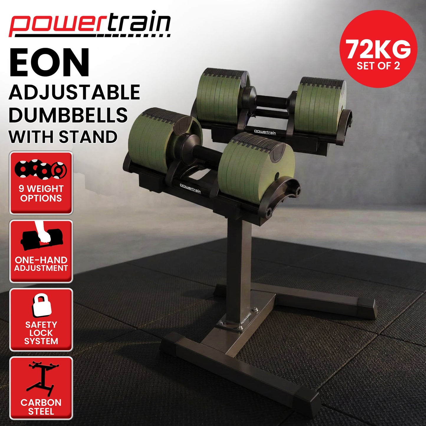 Powertrain Eon Dial-Up 72KG Adjustable Dumbbells Pair with Stand  - Green - Image 2