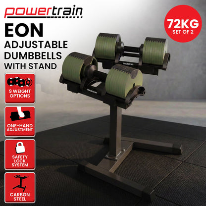 Powertrain Eon Dial-Up 72KG Adjustable Dumbbells Pair with Stand  - Green - Image 2
