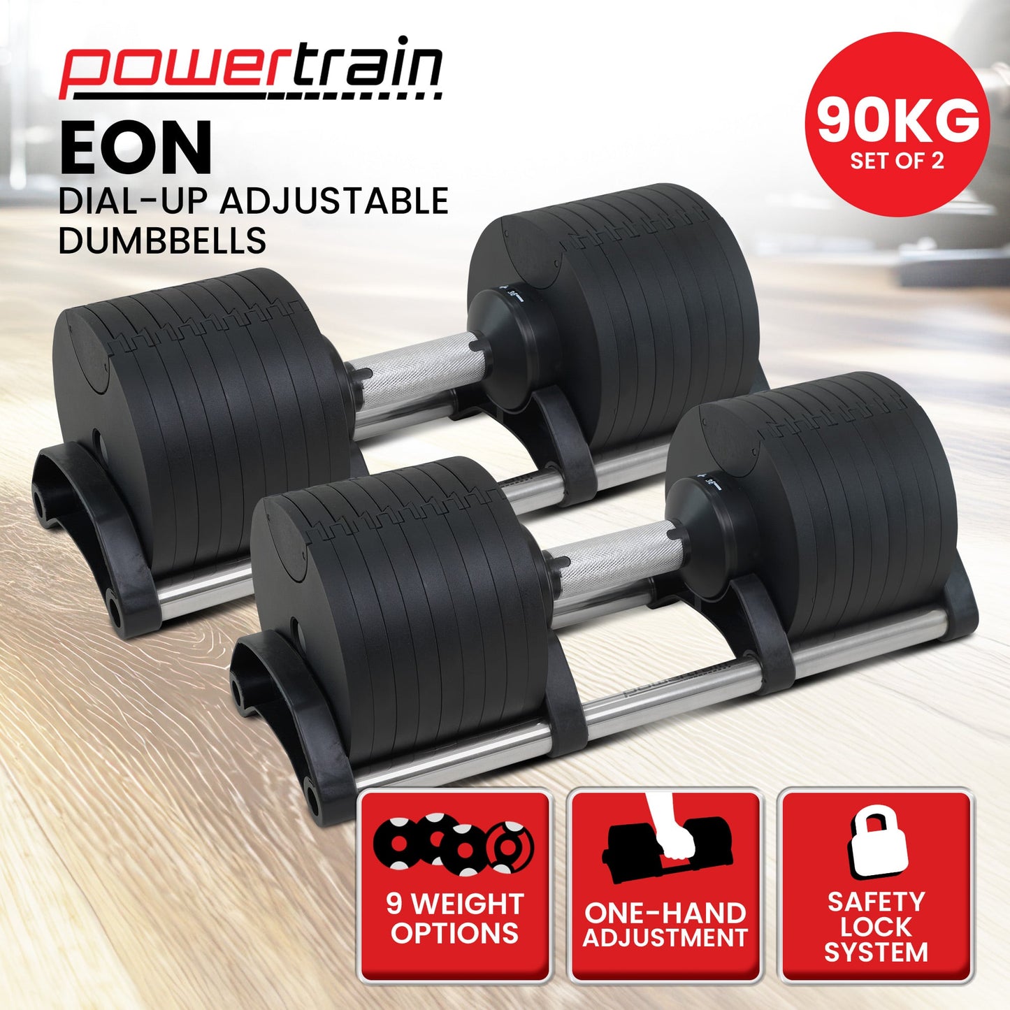 Powertrain Eon 90kg Adjustable Dumbbells Home Gym 9 Strength Training Safety Lock System Building & Fitness Workouts - Image 2