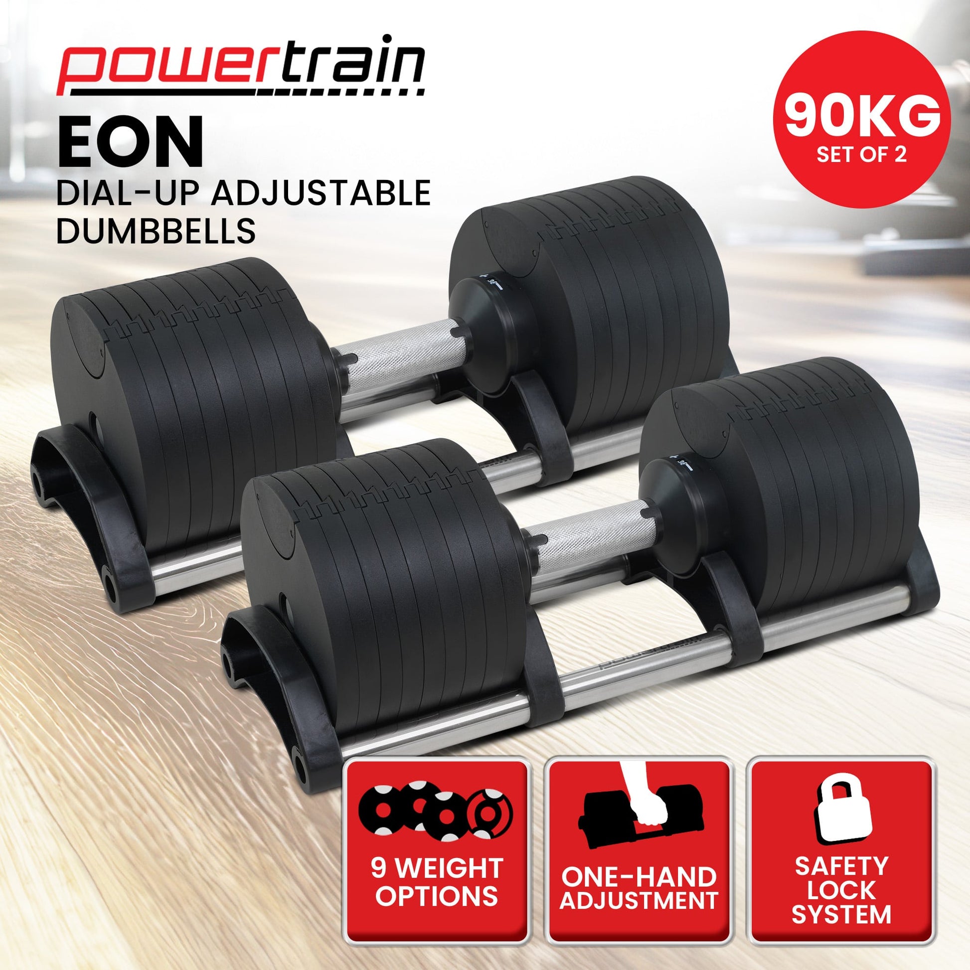 Powertrain Eon 90kg Adjustable Dumbbells Home Gym 9 Strength Training Safety Lock System Building & Fitness Workouts - Image 2