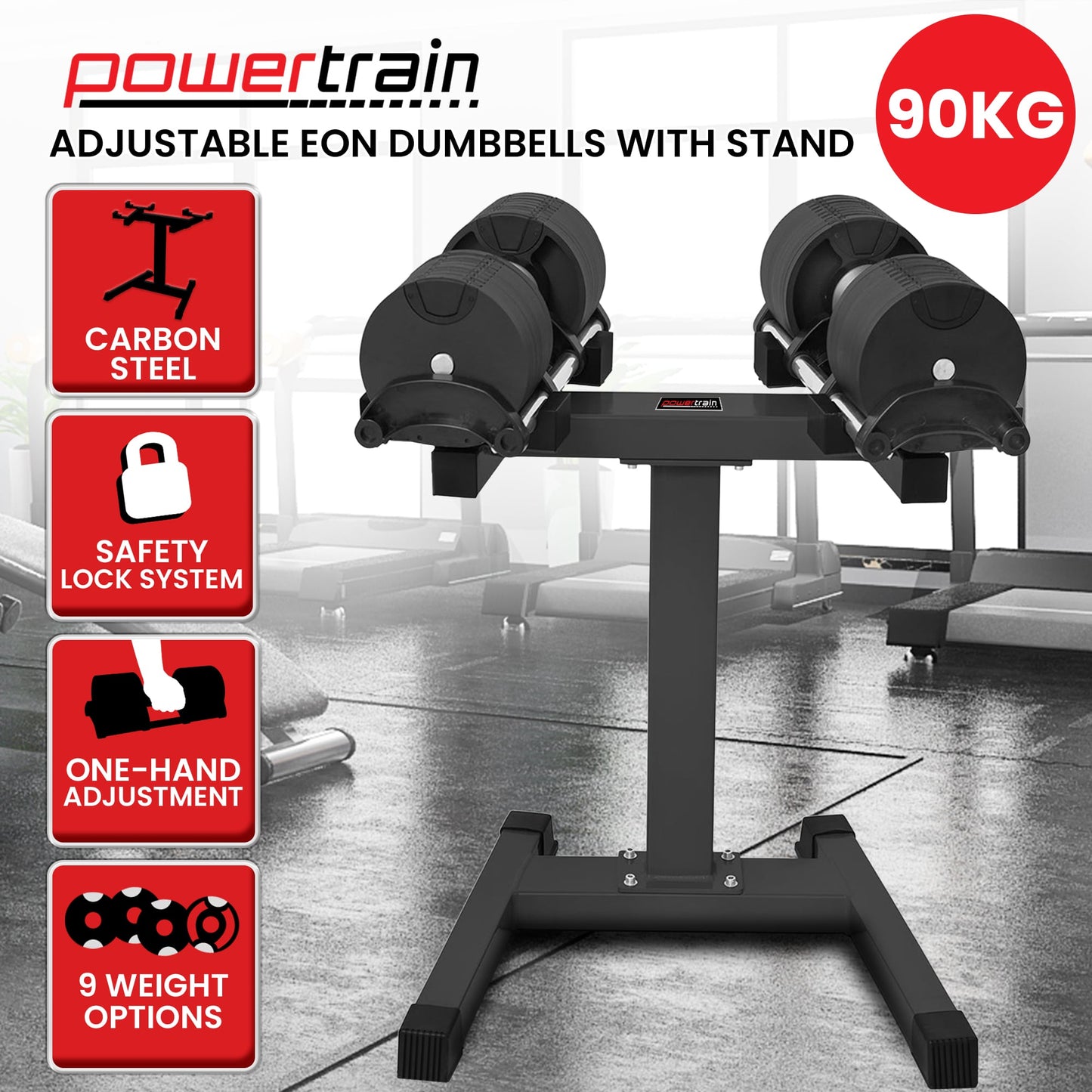 Powertrain Eon 2 X 45kg Adjustable Dumbbells W/ Stand Heavy-duty Storage Rack Home Gym 9 Strength Training Equipment - Image 2