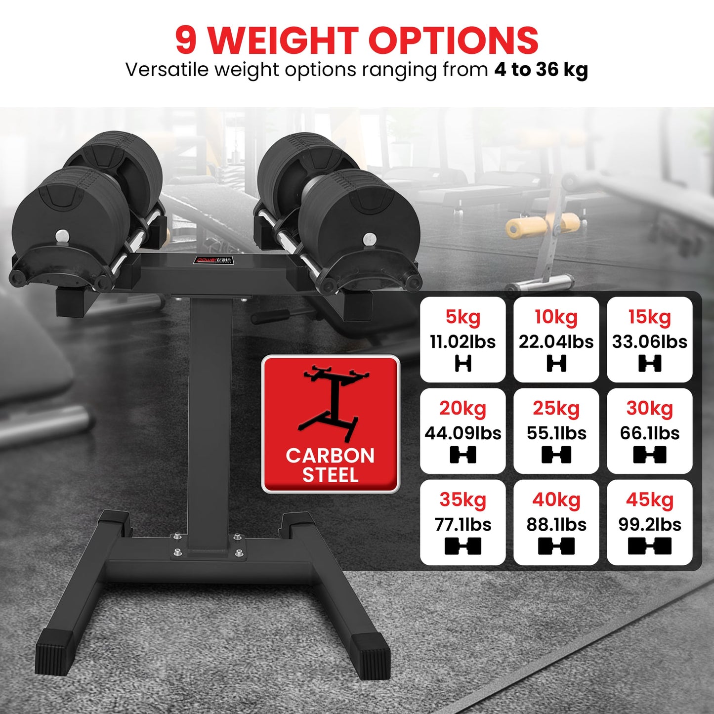 Powertrain Eon 2 X 45kg Adjustable Dumbbells W/ Stand Heavy-duty Storage Rack Home Gym 9 Strength Training Equipment - Image 9