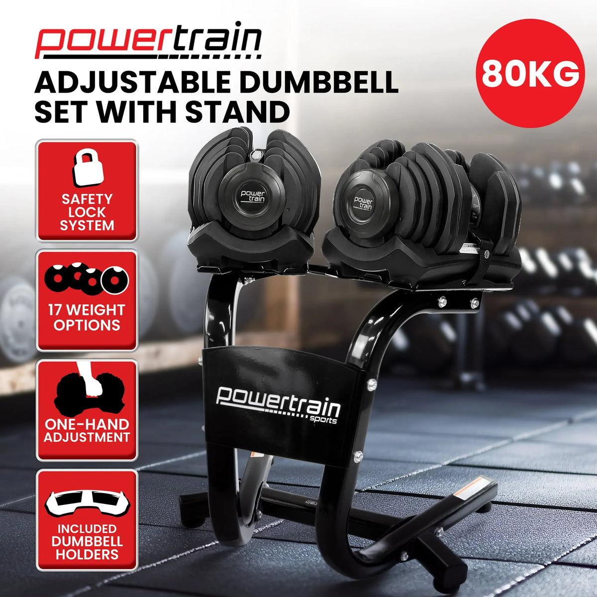 Powertrain 2x 40kg Powertrain Adjustable Dumbbells with Stand - Image 2
