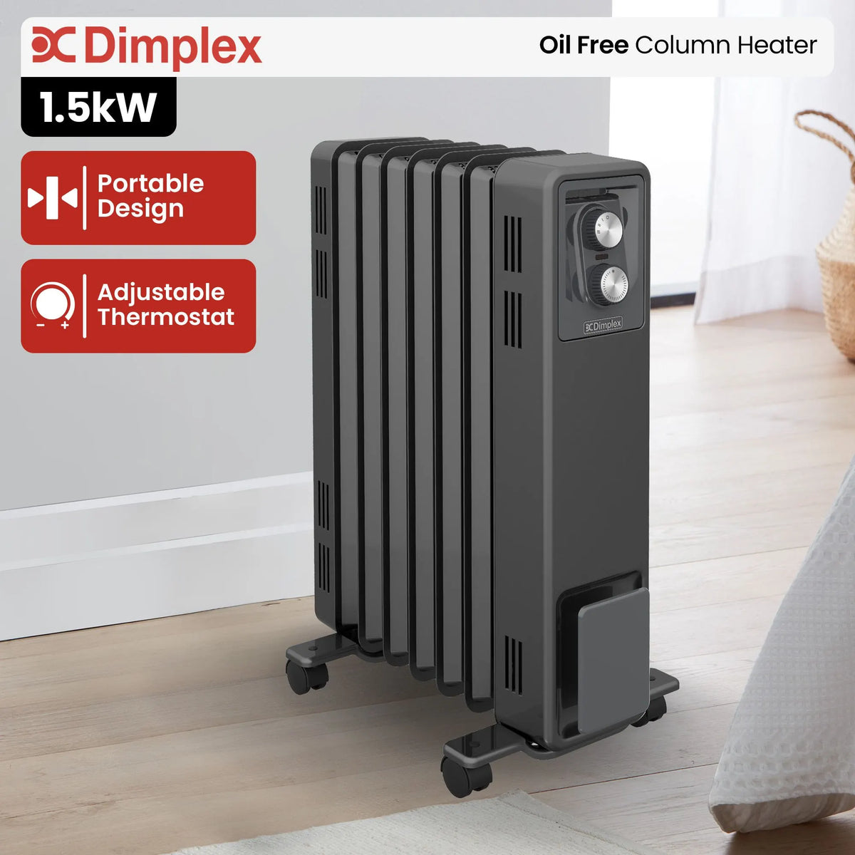 Dimplex 1.5kW Oil Free Portable Column Heater - Electric Radiator with Adjustable Thermostat - Black - Image 2