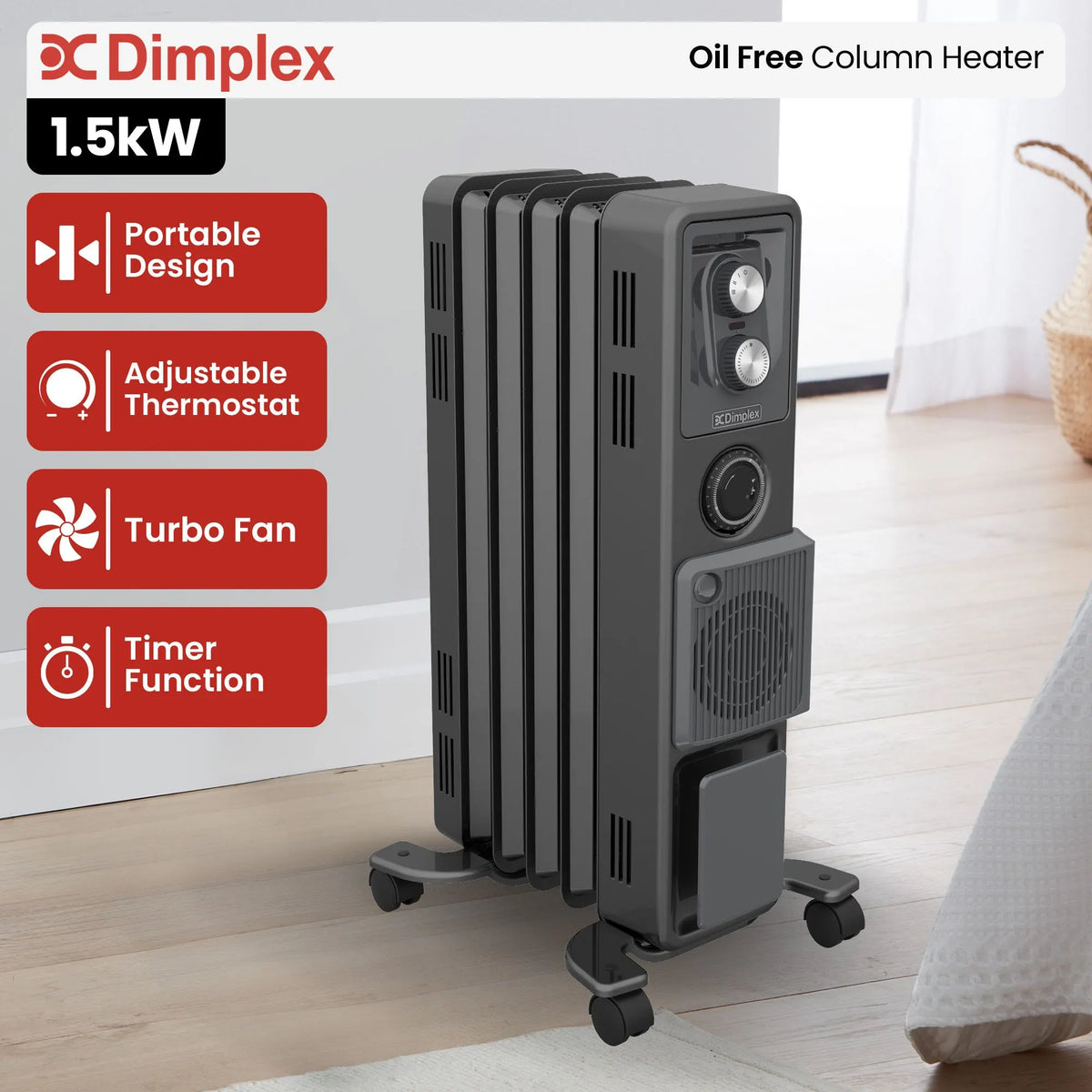 Dimplex Oil Free 1.5kW Column Heater w/ Turbo Fan and Timer in Black - Image 2