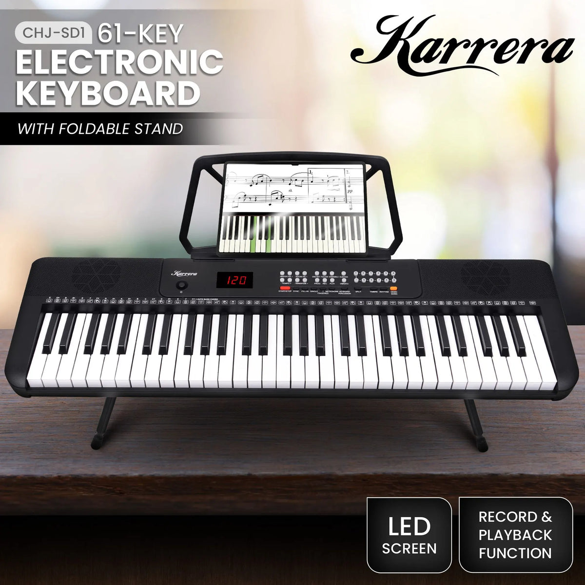 Karrera 61 Key Digital Piano Electronic Keyboard with Adjustable Folding Stand & Music Rest for Beginners Black - Image 2