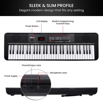 Karrera 61 Key Digital Piano Electronic Keyboard with Adjustable Folding Stand & Music Rest for Beginners Black - Image 9