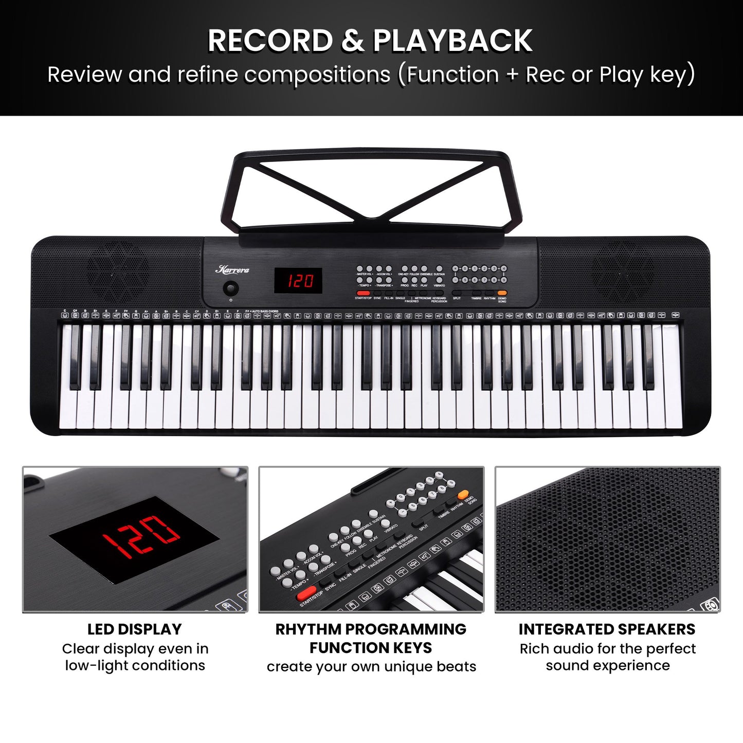 Karrera 61-Key Electronic Piano Keyboard with LED and Folding Stand in Black CHJ-SD1 - Image 7