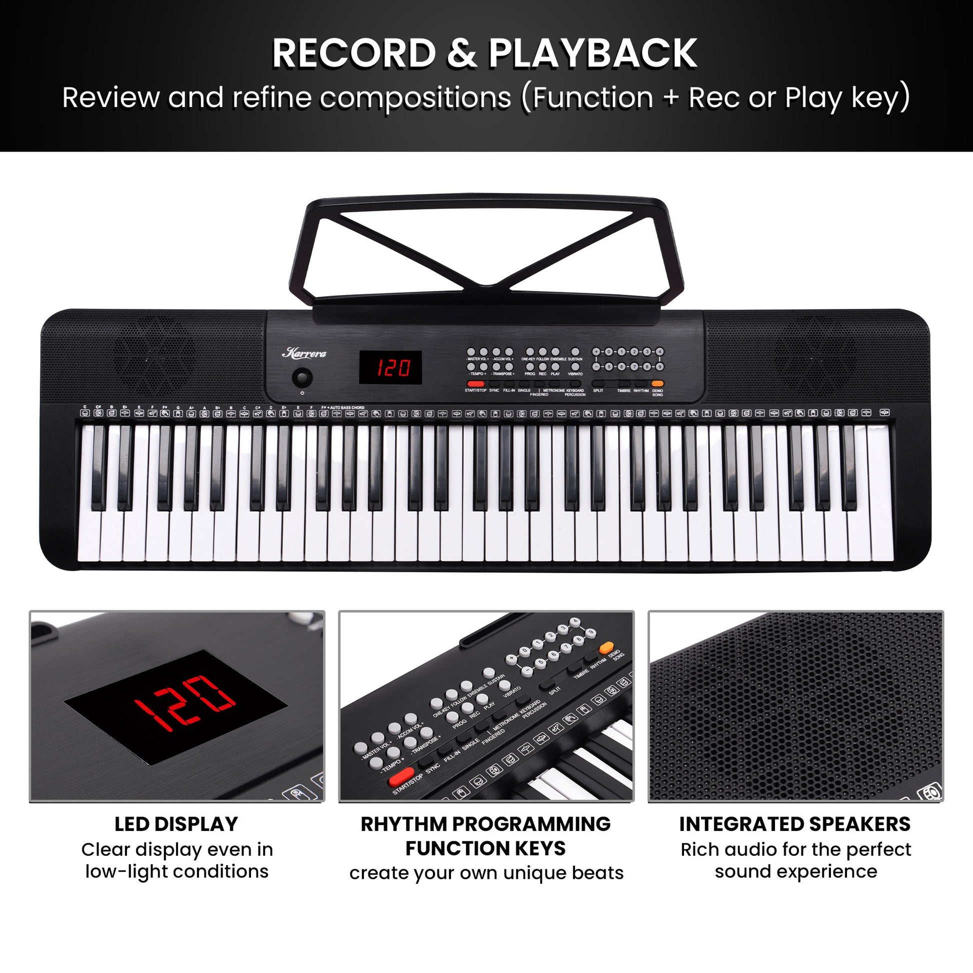 Karrera 61-Key Electronic Piano Keyboard with LED and Folding Stand in Black CHJ-SD1 - Image 7