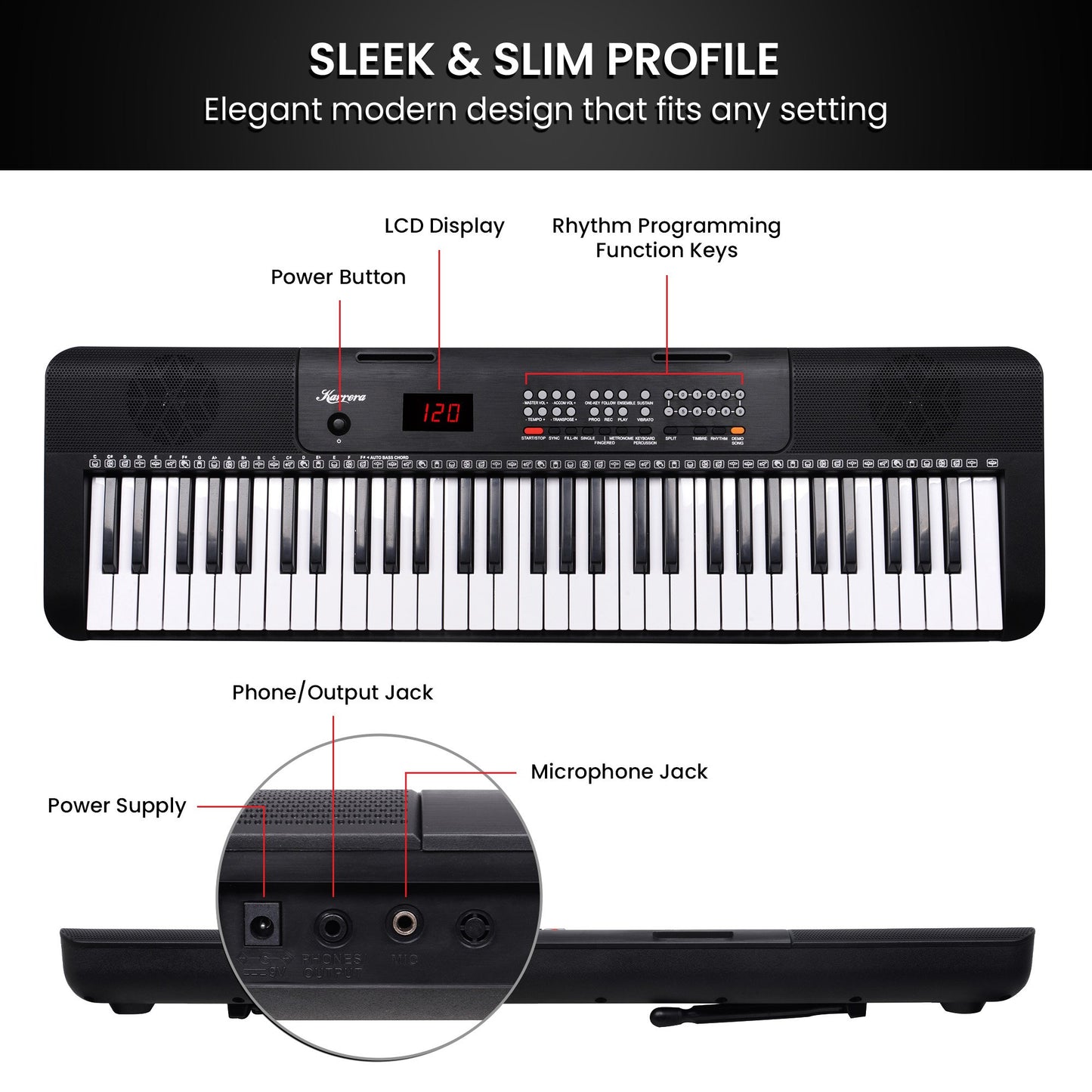 Karrera 61-Key Electronic Piano Keyboard with LED and Folding Stand in Black CHJ-SD1 - Image 8