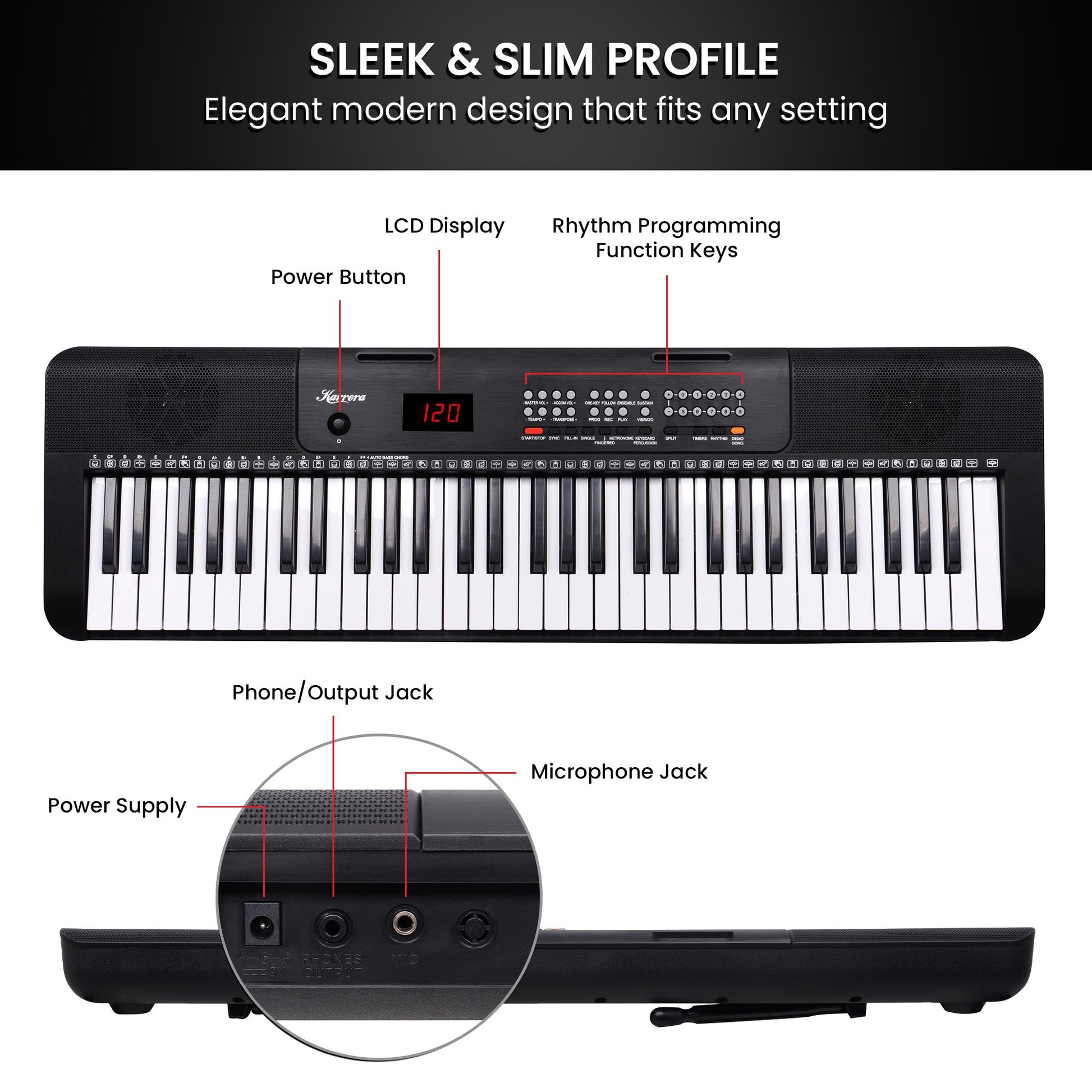 Karrera 61-Key Electronic Piano Keyboard with LED and Folding Stand in Black CHJ-SD1 - Image 8