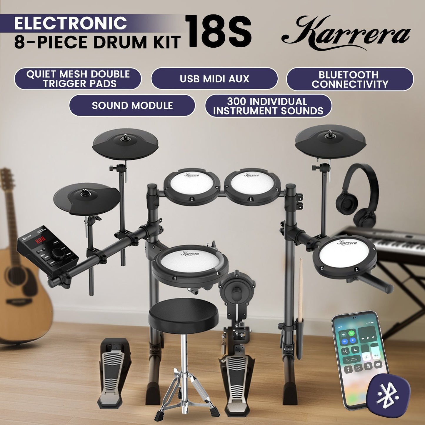 Karrera 18S Electronic Drum Kit Mesh Pads 8in Snare Bluetooth Sounds USB/MIDI Output Kick Pedals Drum Coach & Metronome - Image 2