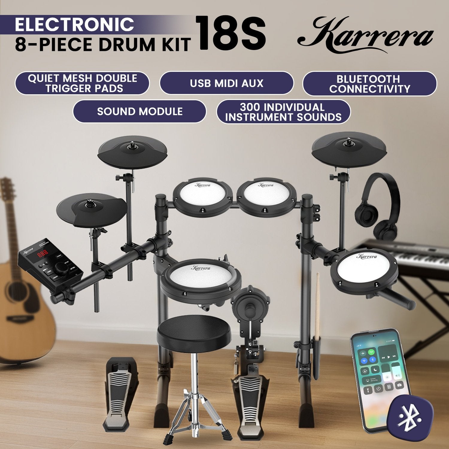 Karrera 18S Electronic Drum Kit Mesh Pads 8in Snare Bluetooth Sounds USB/MIDI Output Kick Pedals Drum Coach & Metronome - Image 2