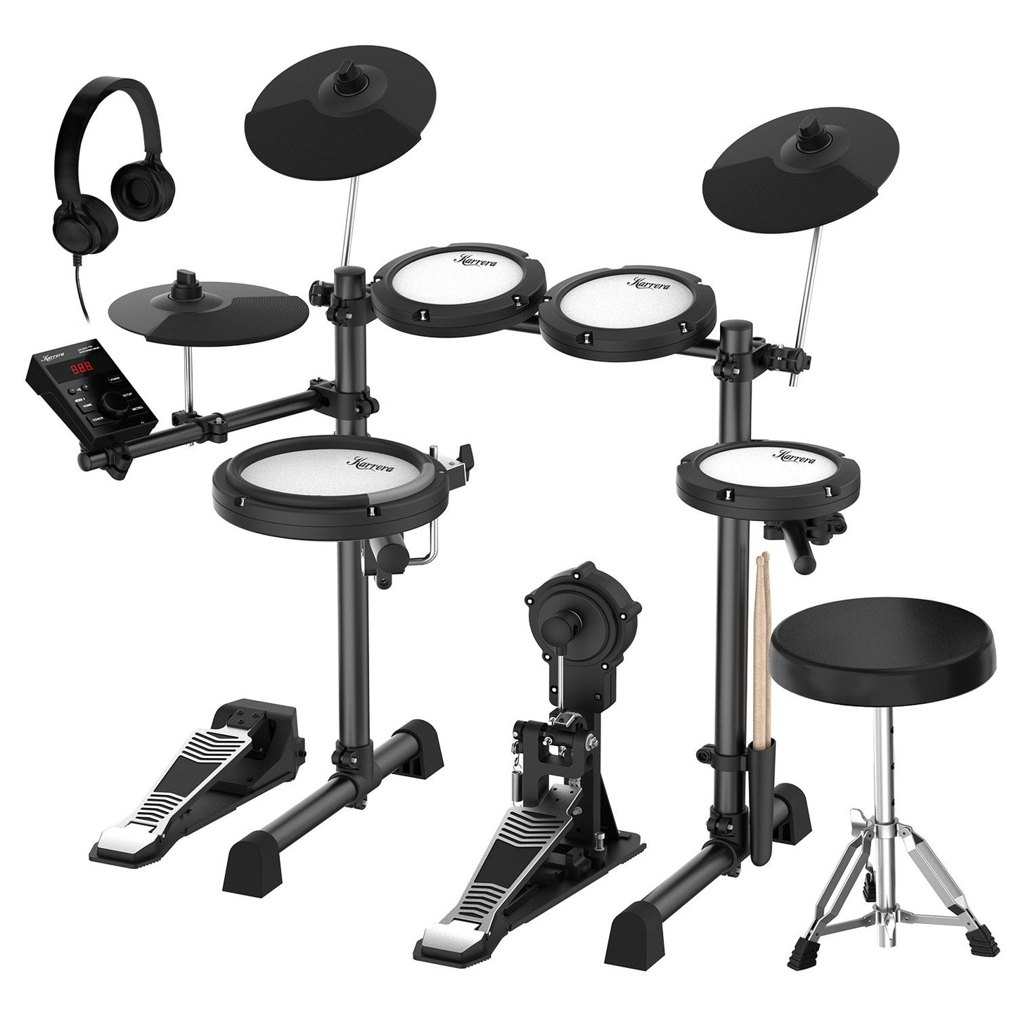 Karrera 18S Electronic Drum Kit Mesh Pads 8in Snare Bluetooth Sounds USB/MIDI Output Kick Pedals Drum Coach & Metronome - Image 5