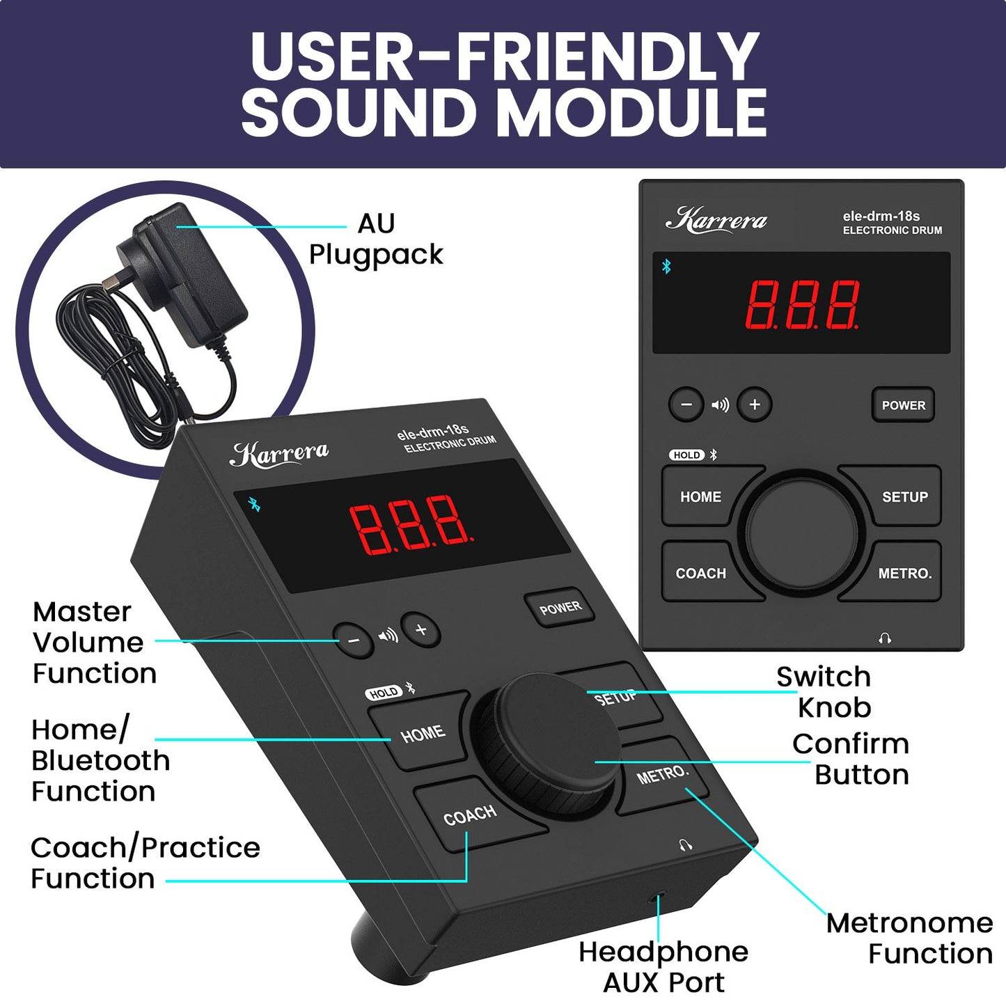 Karrera 18S Electronic Drum Kit Mesh Pads 8in Snare Bluetooth Sounds USB/MIDI Output Kick Pedals Drum Coach & Metronome - Image 7