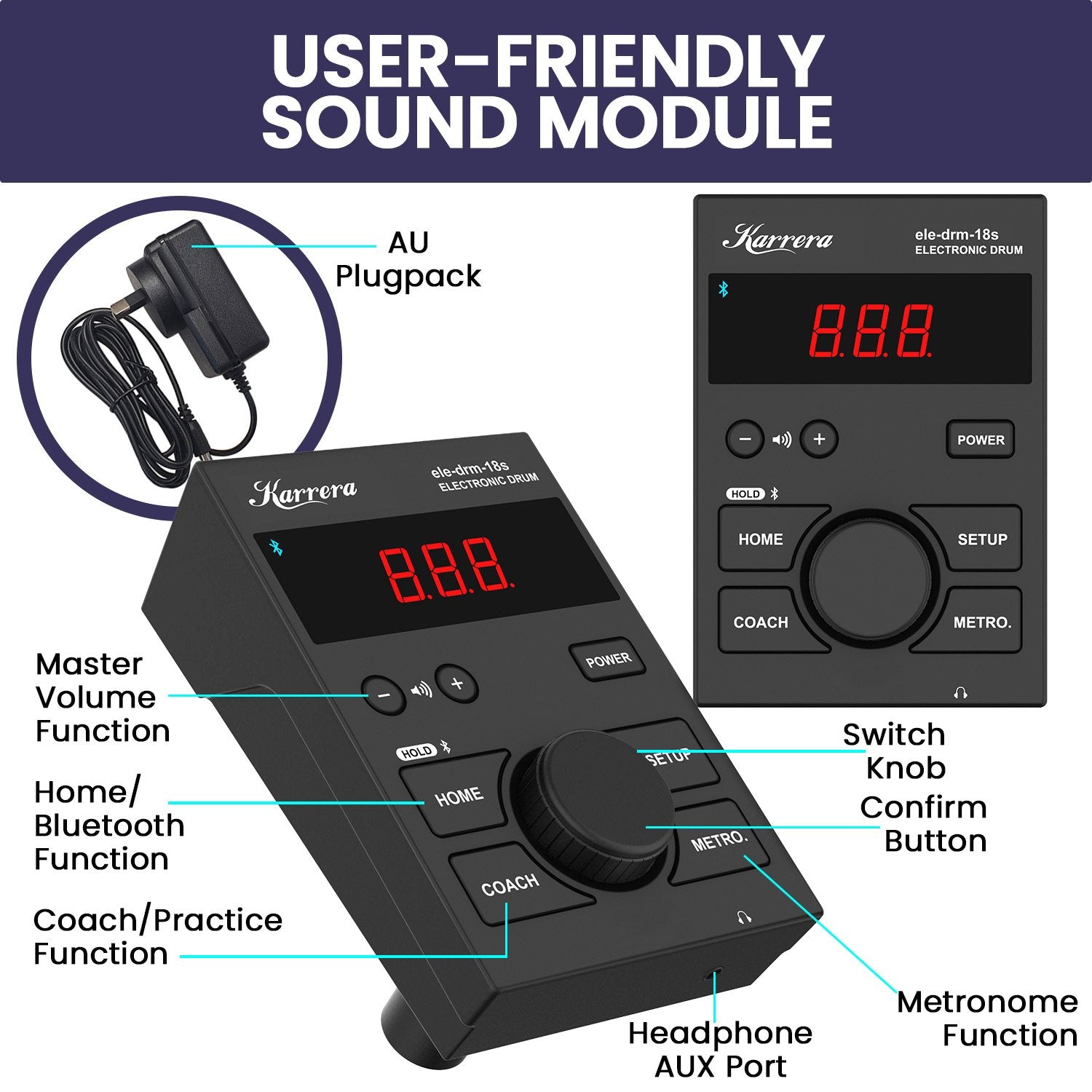 Karrera 18S Electronic Drum Kit Mesh Pads 8in Snare Bluetooth Sounds USB/MIDI Output Kick Pedals Drum Coach & Metronome - Image 7