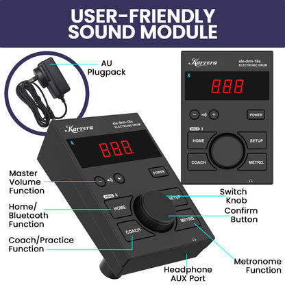 Karrera 18S Electronic Drum Kit Mesh Pads 8in Snare Bluetooth Sounds USB/MIDI Output Kick Pedals Drum Coach & Metronome - Image 7