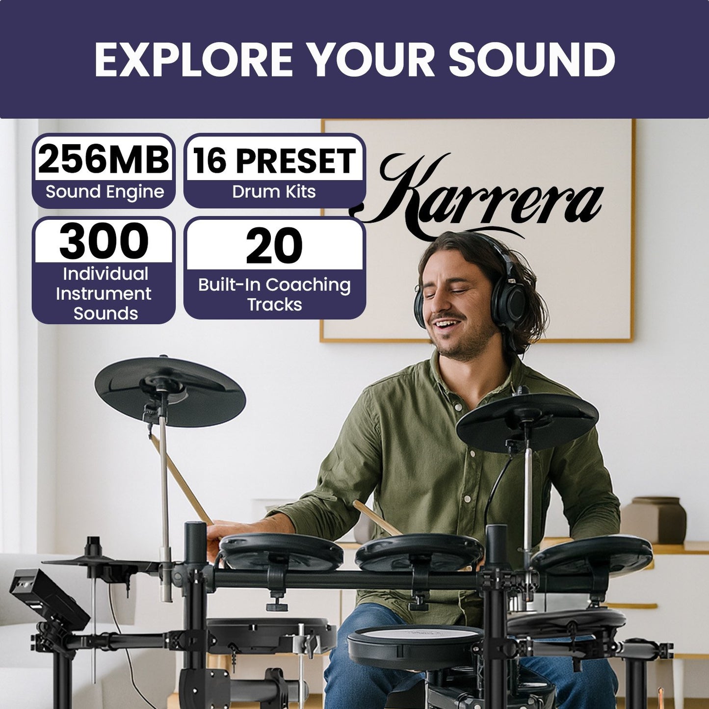 Karrera 18S Electronic Drum Kit Mesh Pads 8in Snare Bluetooth Sounds USB/MIDI Output Kick Pedals Drum Coach & Metronome - Image 8