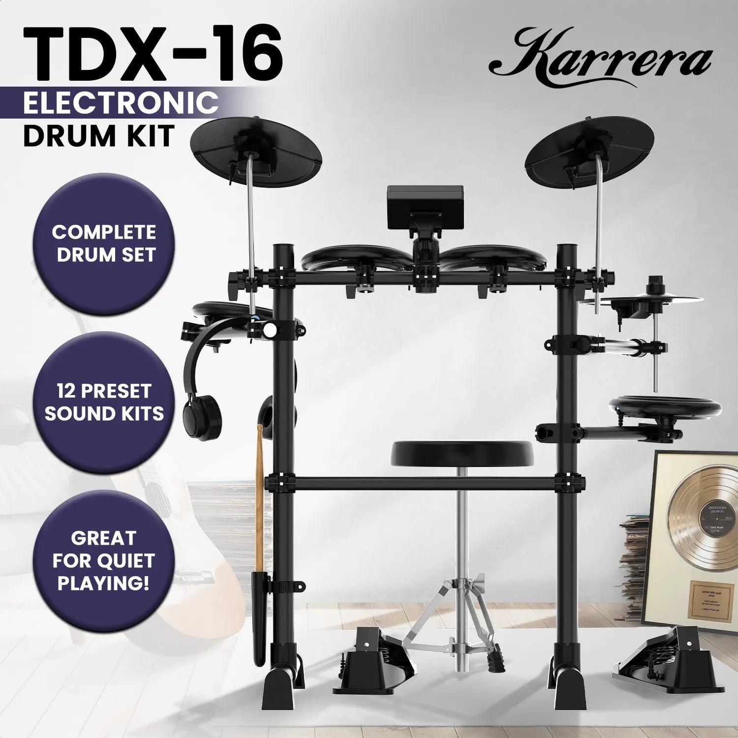 Karrera TDX-16 Electronic Drum Kit with LCD, Toms, Snares Quiet Mesh Pads & Pedals, Adjustable Stool, Headphones - Image 2