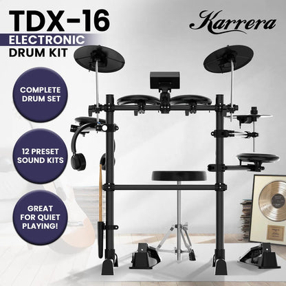 Karrera TDX-16 Electronic Drum Kit with LCD, Toms, Snares Quiet Mesh Pads & Pedals, Adjustable Stool, Headphones - Image 2