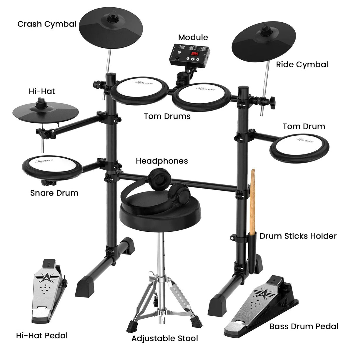 Karrera TDX-16 Electronic Drum Kit with LCD, Toms, Snares Quiet Mesh Pads & Pedals, Adjustable Stool, Headphones - Image 4