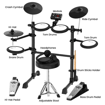 Karrera TDX-16 Electronic Drum Kit with LCD, Toms, Snares Quiet Mesh Pads & Pedals, Adjustable Stool, Headphones - Image 4