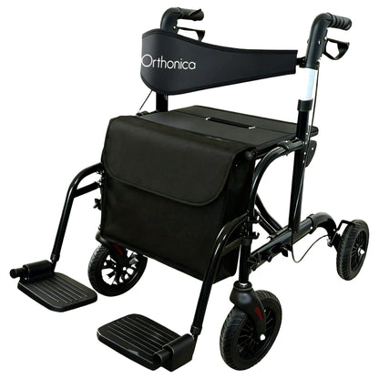 Orthonica Aluminium 2-in-1 Rollator Wheelchair with Foldable Frame – Black & Silver - Image 2