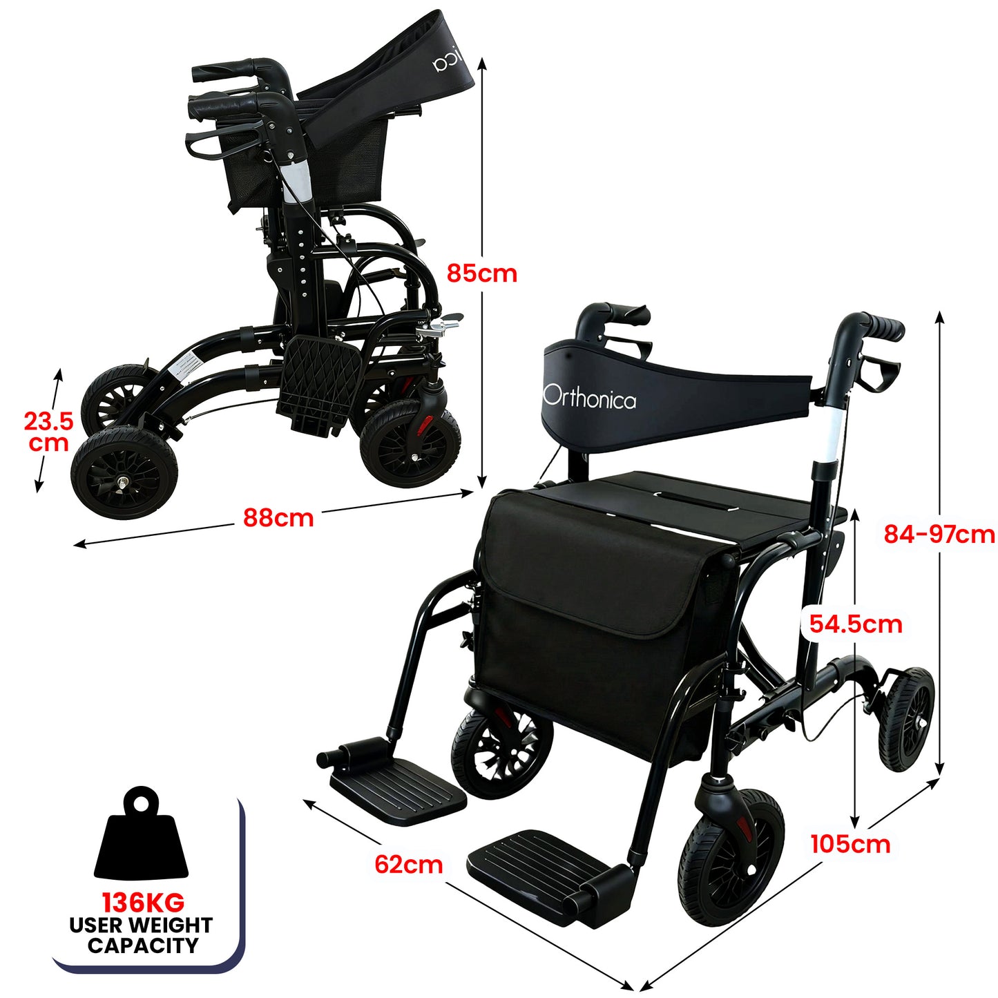 Orthonica Aluminium 2-in-1 Rollator Wheelchair with Foldable Frame – Black & Silver - Image 3