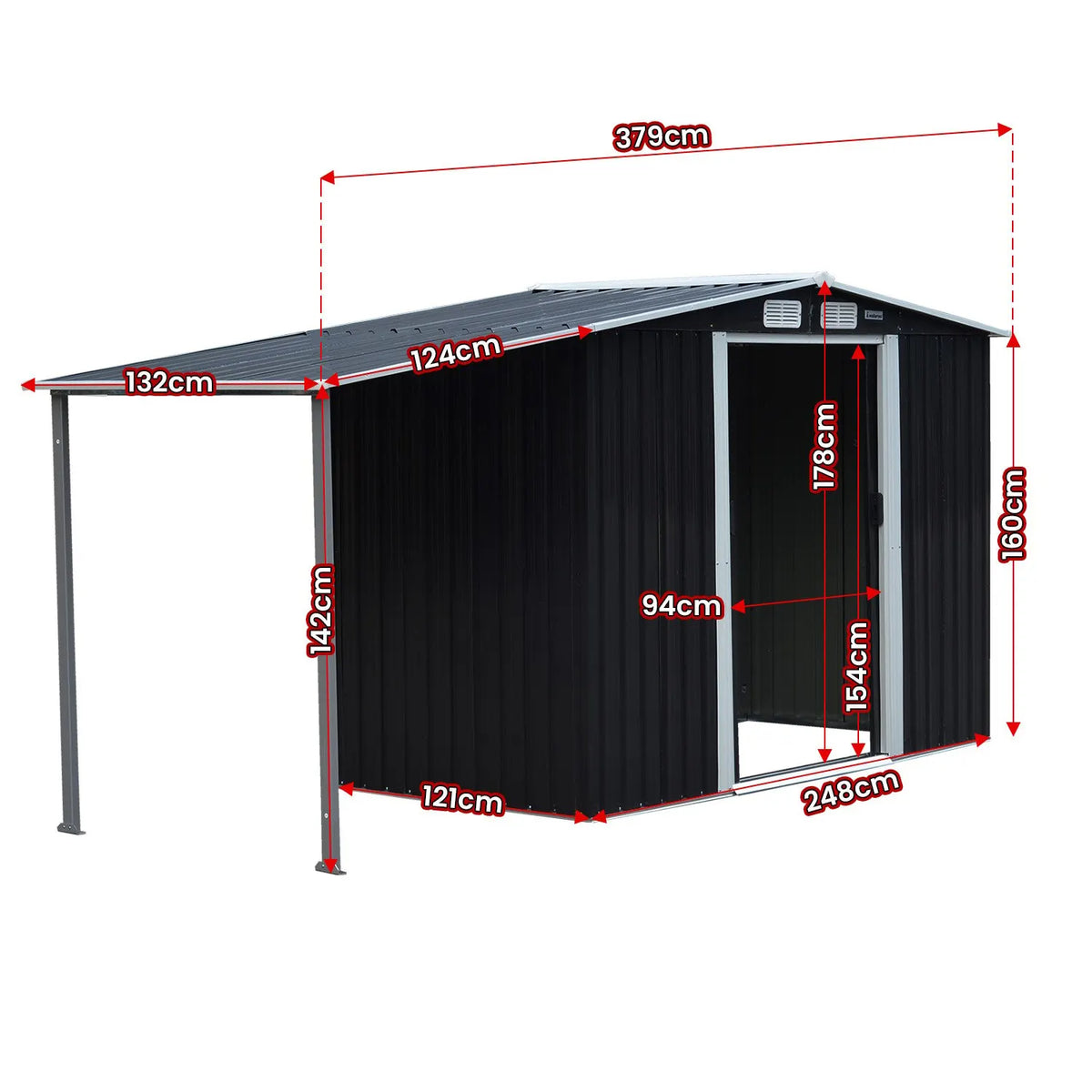 Wallaroo 4x8ft Zinc Steel Garden Shed with Open Storage - Black - Image 2