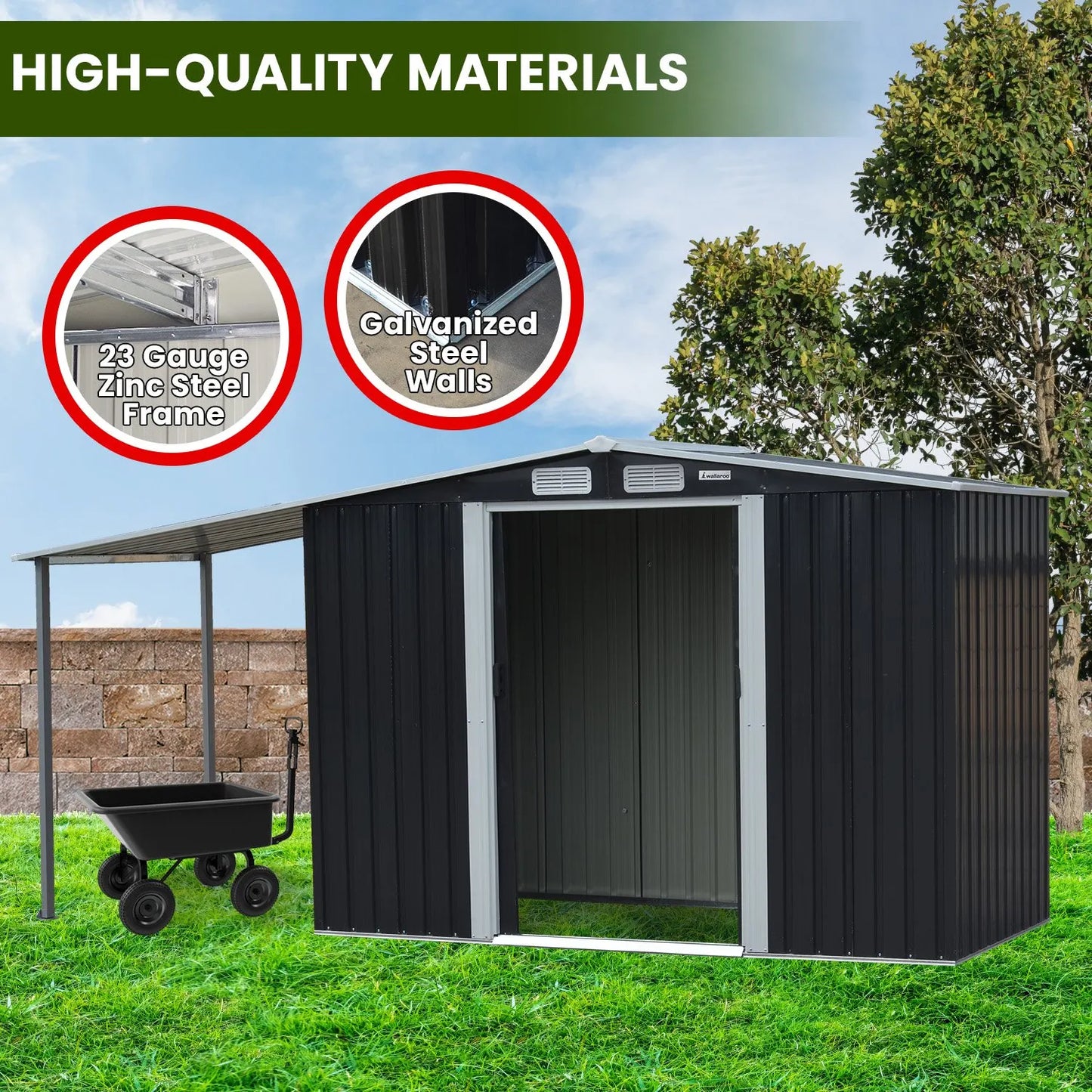 Wallaroo 4x8ft Zinc Steel Garden Shed with Open Storage - Black - Image 8