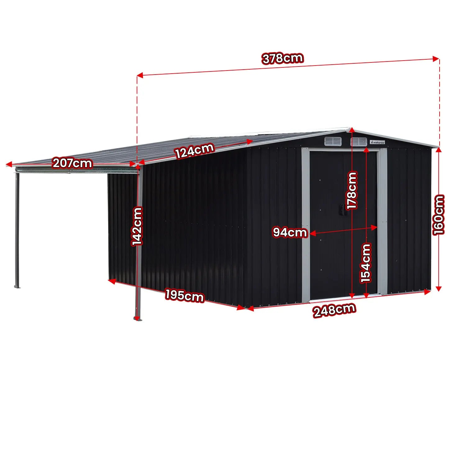 Wallaroo 6x8ft Zinc Steel Garden Shed with Open Storage - Black - Image 2