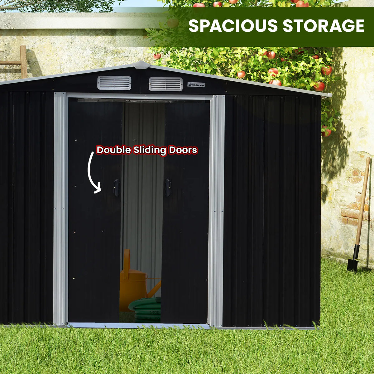 Wallaroo 6x8ft Zinc Steel Garden Shed with Open Storage - Black - Image 6