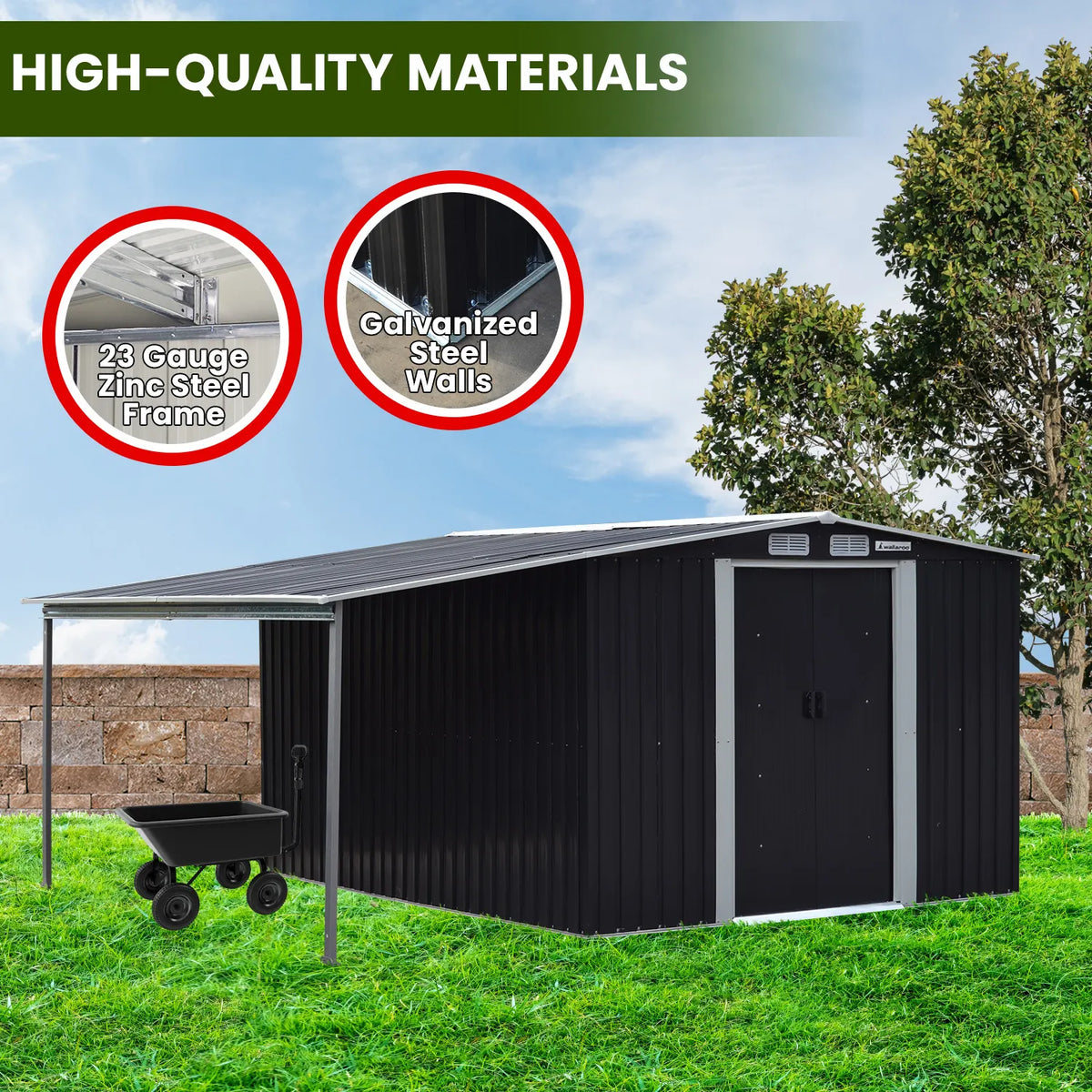 Wallaroo 6x8ft Zinc Steel Garden Shed with Open Storage - Black - Image 8