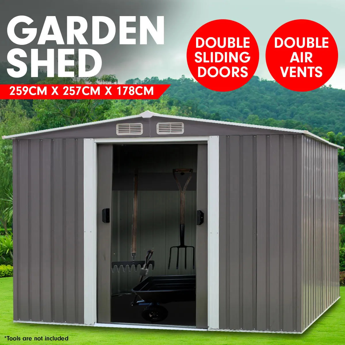 Wallaroo Garden Shed Spire Roof 8ft x 8ft Outdoor Storage Shelter - Grey - Image 2