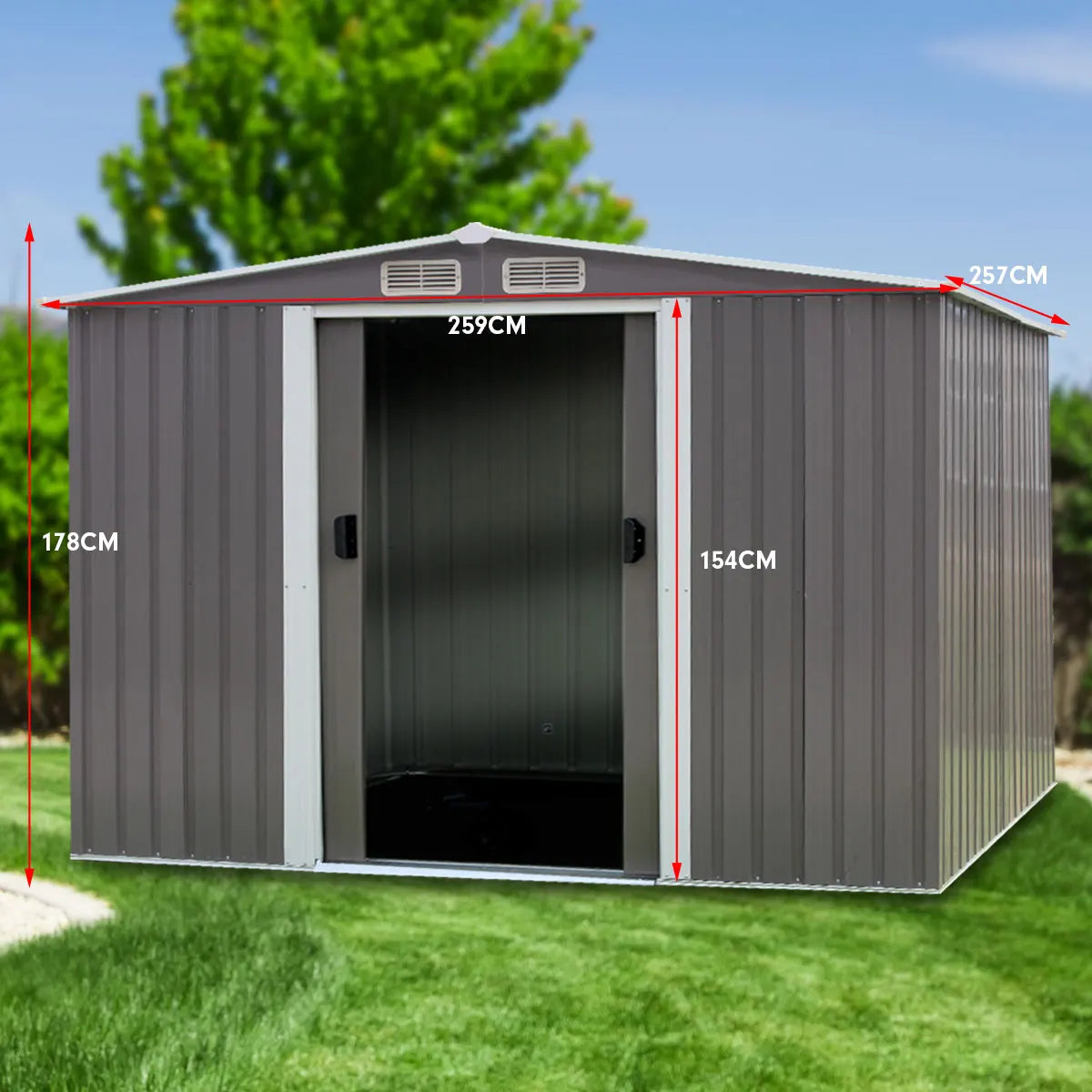 Wallaroo Garden Shed Spire Roof 8ft x 8ft Outdoor Storage Shelter - Grey - Image 5