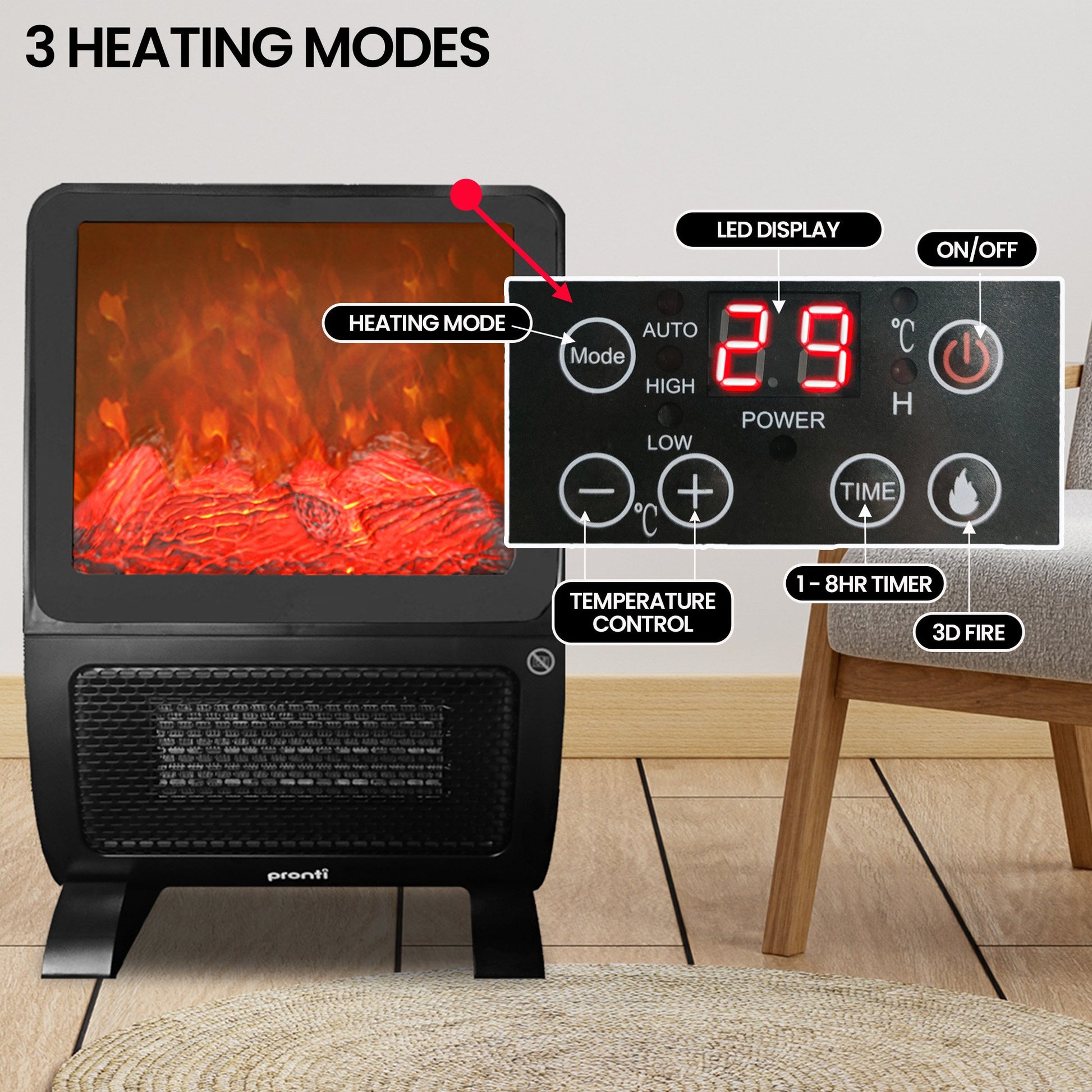 Pronti 2000W 3D Fire PTC Electric Portable Room Heater - Image 6